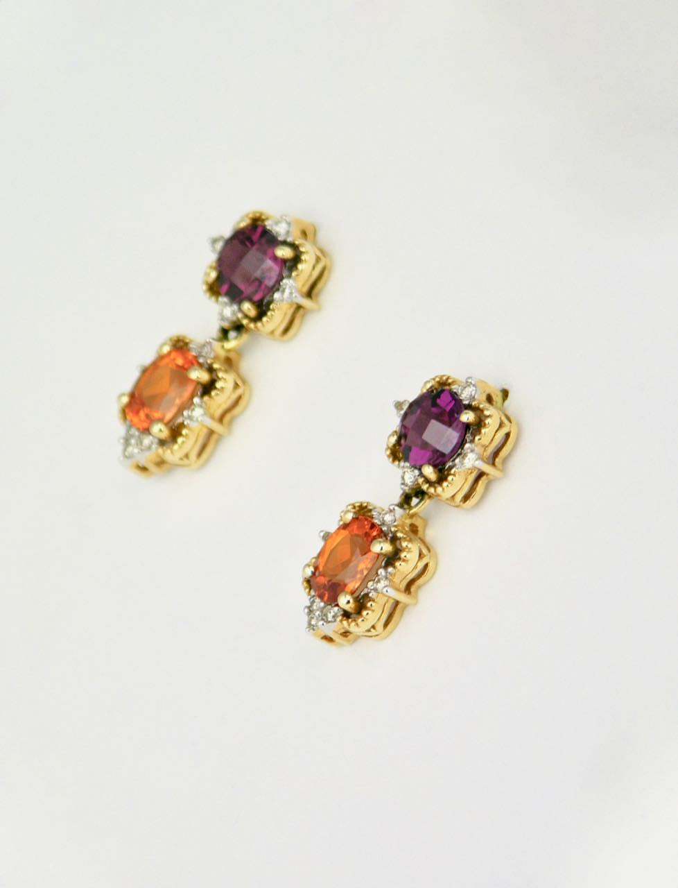 Vintage 14k Gold Two Colour Garnet and Diamond Drop Earrings