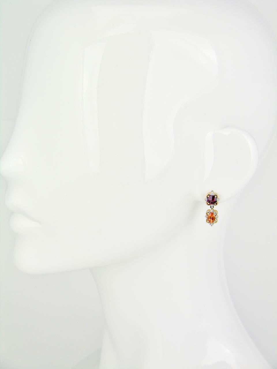Vintage 14k Gold Two Colour Garnet and Diamond Drop Earrings