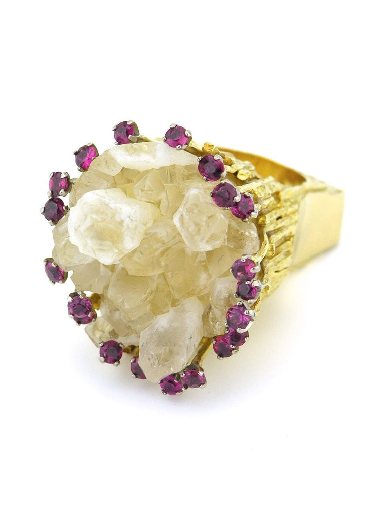 Australian large gold, quartz and ruby organic 70's knuckleduster ring - Rob Bennett