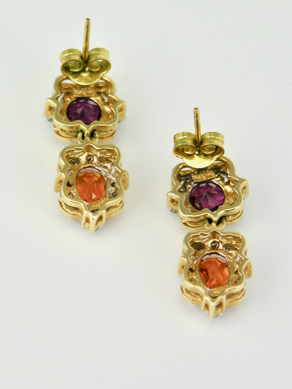 Vintage 14k Gold Two Colour Garnet and Diamond Drop Earrings