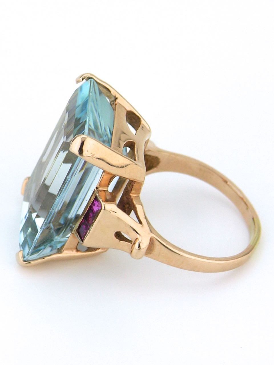 14k rose gold aquamarine and ruby cocktail ring 1950s
