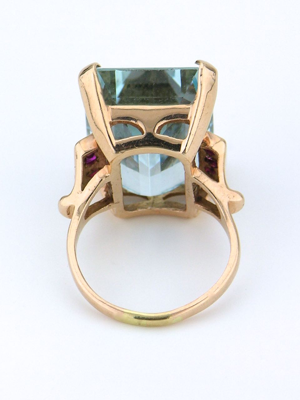 14k rose gold aquamarine and ruby cocktail ring 1950s
